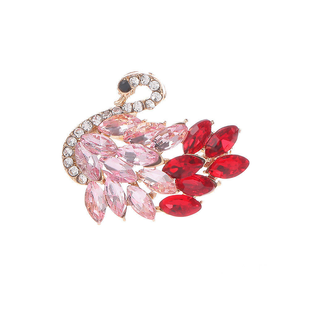 Distinctive Gold-Tone Swan Brooch with Red Cubic Zirconia — Clothing Accessory, Leaves and a Pearl