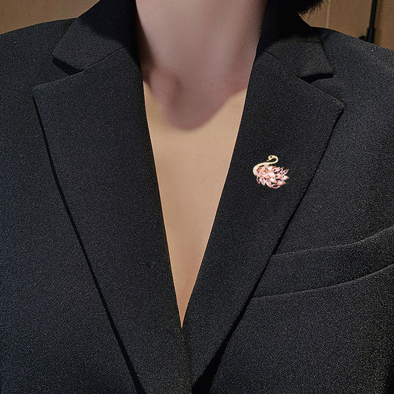 Distinctive Gold-Tone Swan Brooch with Red Cubic Zirconia — Clothing Accessory, Leaves and a Pearl