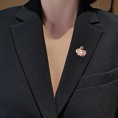 Distinctive Gold-Tone Swan Brooch with Red Cubic Zirconia — Clothing Accessory, Leaves and a Pearl