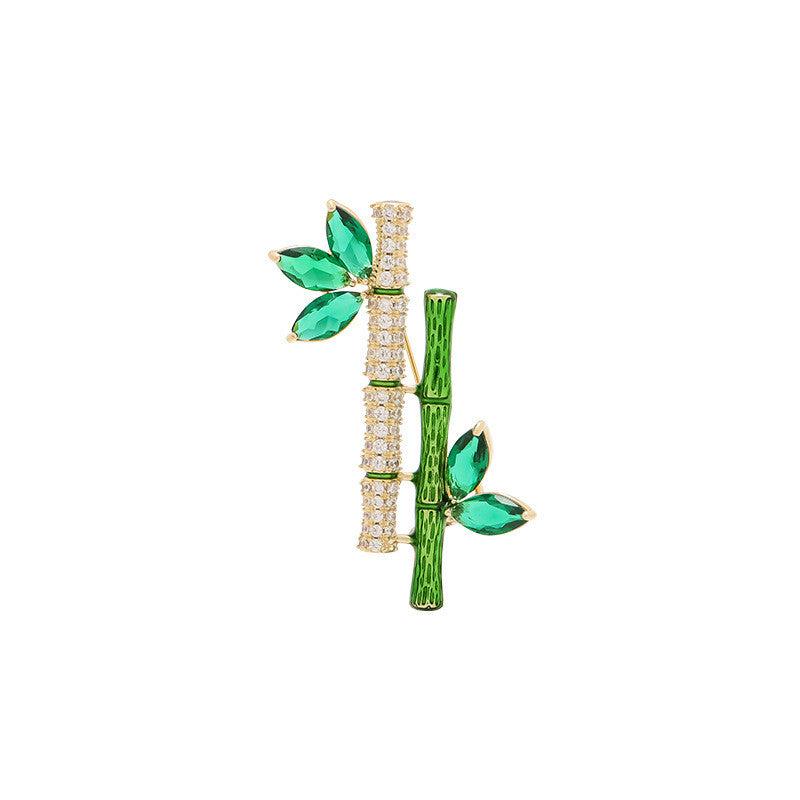 Distinctive Gold-Tone Two-Bamboo-Stem Brooch — Clothing Accessory, Leaves, Cubic Zirconia and a Pearl