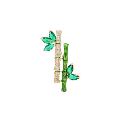 Distinctive Gold-Tone Two-Bamboo-Stem Brooch — Clothing Accessory, Leaves, Cubic Zirconia and a Pearl