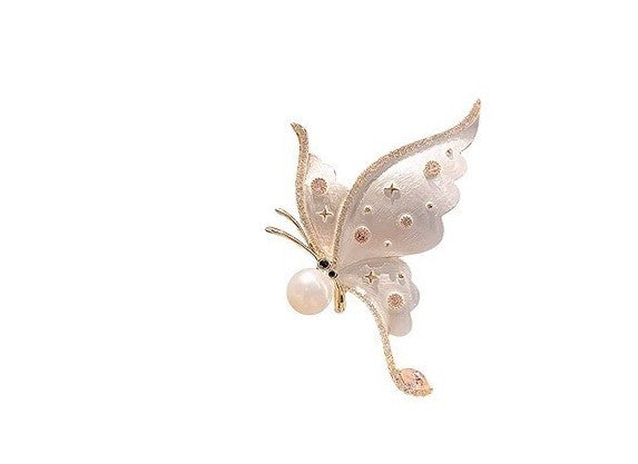 Copy of Distinctive Gold-Tone White Butterfly Brooch with Cubic Zirconia — Clothing Accessory, Leaves and a Pearl