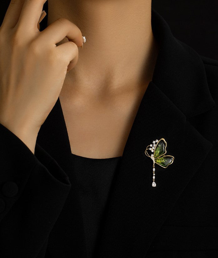 Distinctive Gold-Tone Purple Butterfly Brooch with Cubic Zirconia — Clothing Accessory, Leaves and a Pearl