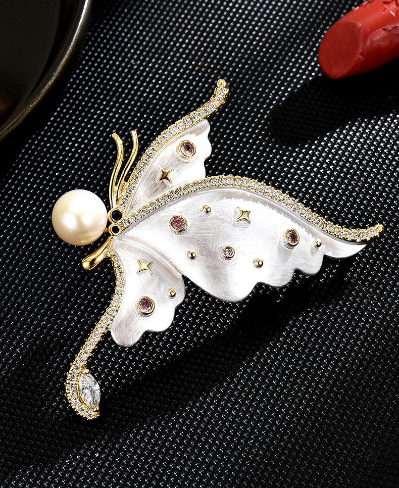 Copy of Distinctive Gold-Tone White Butterfly Brooch with Cubic Zirconia — Clothing Accessory, Leaves and a Pearl