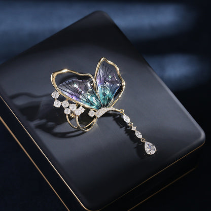 Distinctive Gold-Tone Purple Butterfly Brooch with Cubic Zirconia — Clothing Accessory, Leaves and a Pearl
