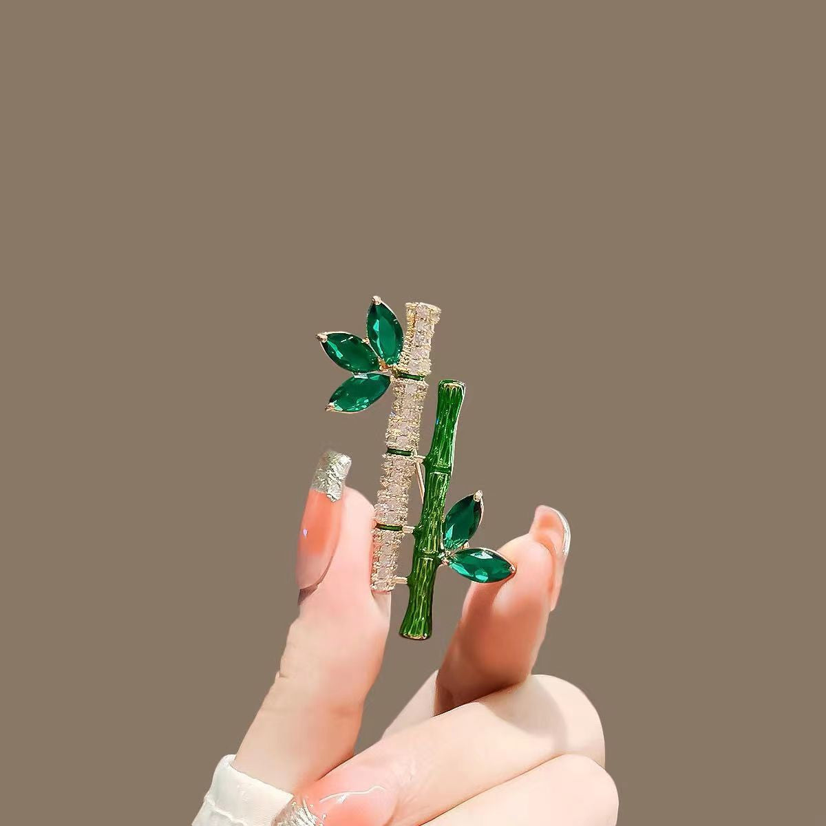 Distinctive Gold-Tone Two-Bamboo-Stem Brooch — Clothing Accessory, Leaves, Cubic Zirconia and a Pearl