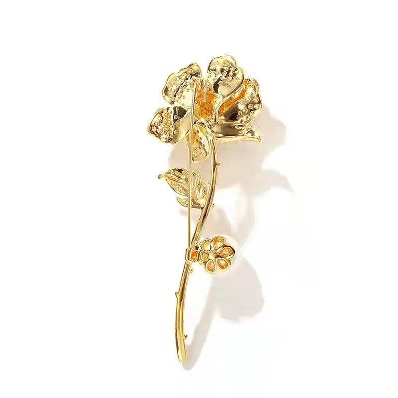 Distinctive Gold-Tone Rose Brooch with a Pearl — Clothing Accessory, Leaves and Cubic Zirconia