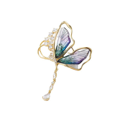 Distinctive Gold-Tone Purple Butterfly Brooch with Cubic Zirconia — Clothing Accessory, Leaves and a Pearl