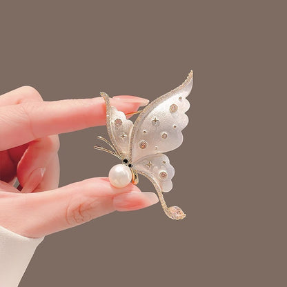 Copy of Distinctive Gold-Tone White Butterfly Brooch with Cubic Zirconia — Clothing Accessory, Leaves and a Pearl