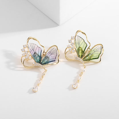 Distinctive Gold-Tone Purple Butterfly Brooch with Cubic Zirconia — Clothing Accessory, Leaves and a Pearl