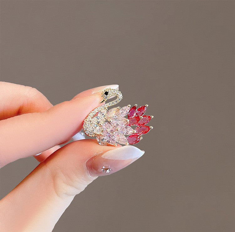 Distinctive Gold-Tone Swan Brooch with Red Cubic Zirconia — Clothing Accessory, Leaves and a Pearl