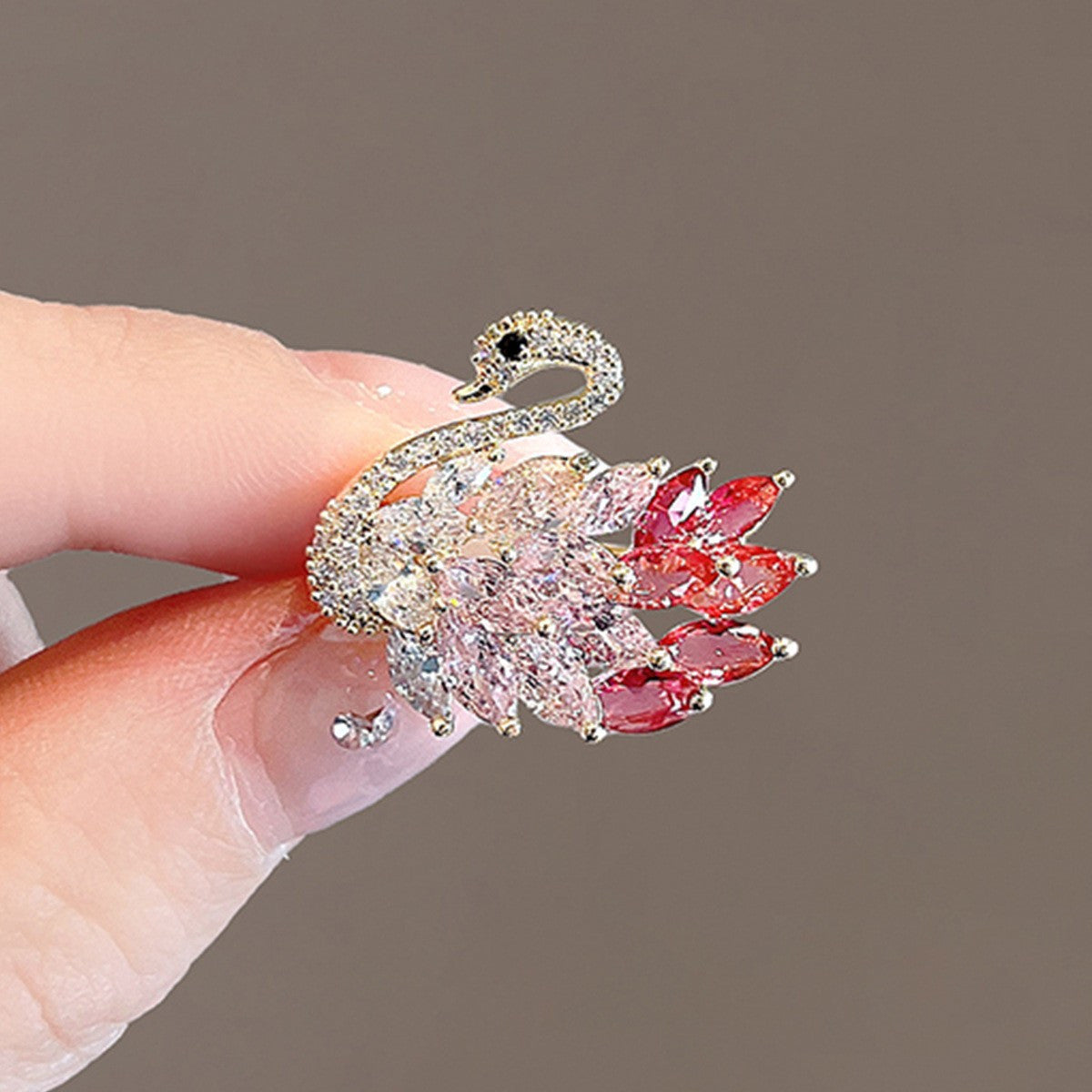 Distinctive Gold-Tone Swan Brooch with Red Cubic Zirconia — Clothing Accessory, Leaves and a Pearl