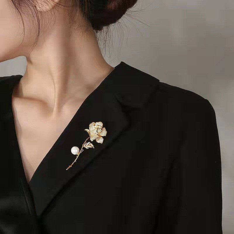 Distinctive Gold-Tone Rose Brooch with a Pearl — Clothing Accessory, Leaves and Cubic Zirconia